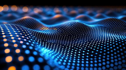 Solar sustainability concept. Abstract digital landscape composed of glowing dots in vibrant blue tones.