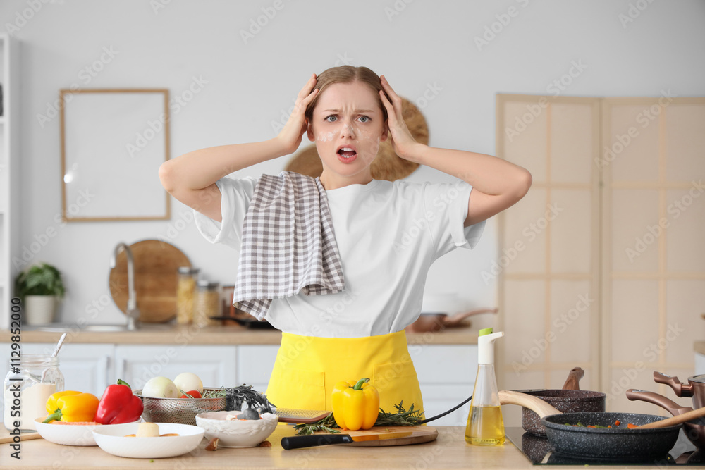 Wall mural Stressed housewife frying vegetables in kitchen