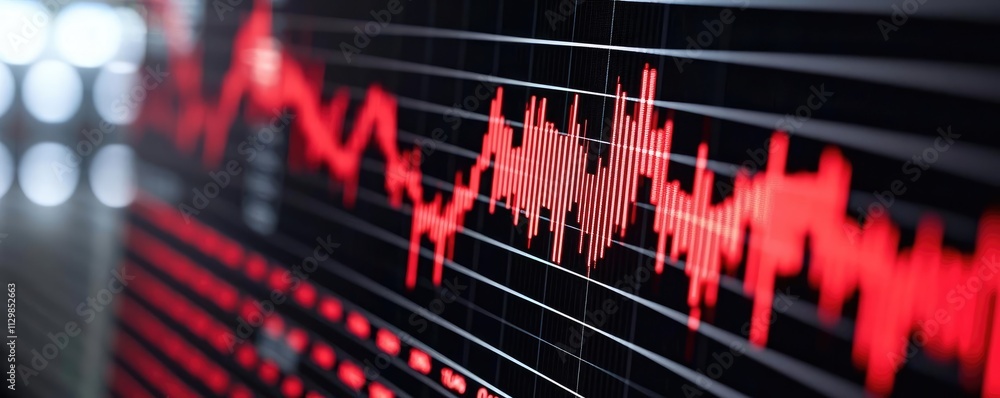 Poster currency value concept. dynamic visualization of a sound wave signal in vibrant red tones against a 