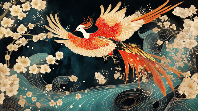 煌びやかな和柄と鳥のアート｜背景,日本,アジア,伝統美,豪華な壁紙
