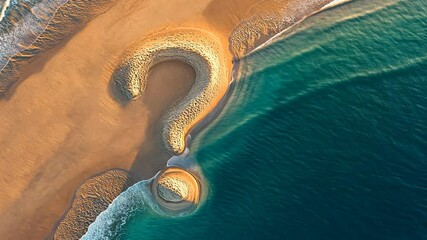 Aerial view of a beach with a sand formation shaped like a question mark surrounded by ocean waves at sunrise. Nature mystery and creative landscape concept - Powered by Adobe