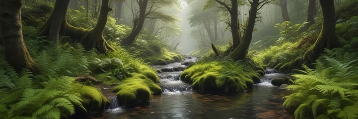 Fototapeta premium Ferns and moss-covered trees surrounding a small, calm stream, ferns, trees, outdoor