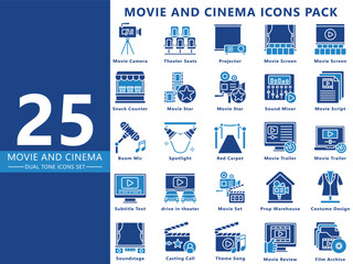 movie and cinema black outline icon set, contain clapperboard, movie star, ticket, camera, theater seats and more. vector EPS 10. use for print, UI, UX movie and cinema theme, app and web development.
