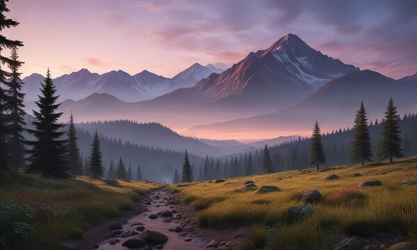 Forest at dusk with a majestic mountain range in the distance, majestic, landscape