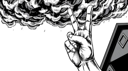 Naklejka premium Hand making peace sign with heart, symbolizing love and harmony. Hand drawn style illustration.
