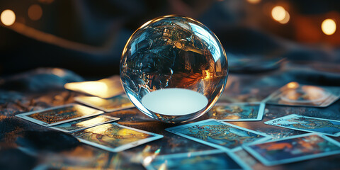 Tarot Reader s website banner. Crystal Ball with white empty center laid on scattered tarot cards faded off to the right merged with black for a wide web banner