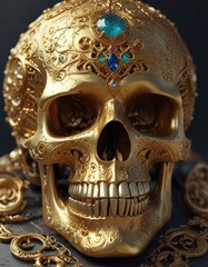 Golden skull with intricate filigree details and precious gemstones adorning its surface, ancient, ornate, golden skull