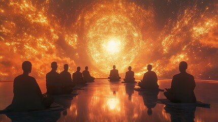 Silhouetted figures meditate before a fiery cosmic sphere, reflecting on a calm surface.