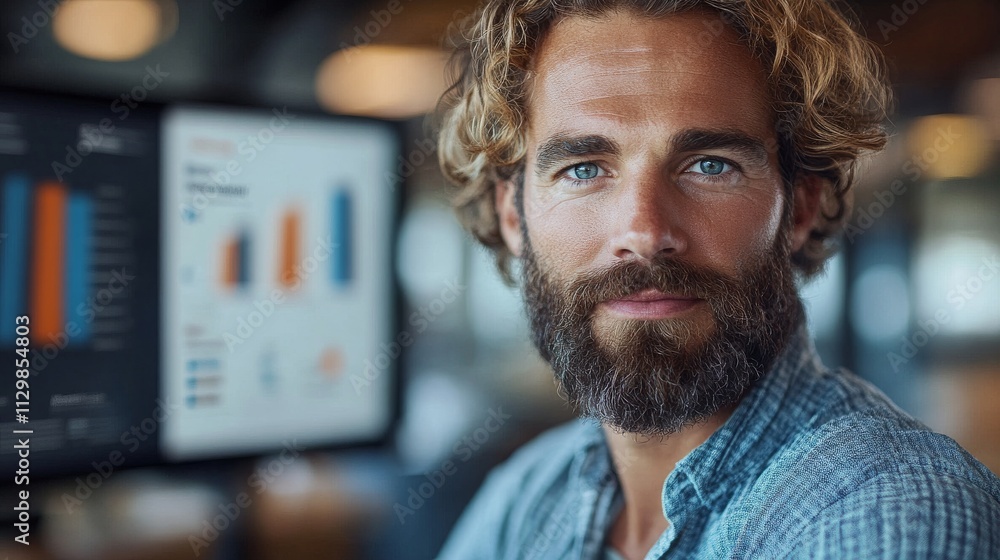 Poster employee reviewing analytics on an experience platform in a modern office setting