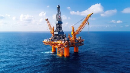 Oil petroleum idea. Aerial view of an offshore oil rig surrounded by clear blue ocean waters.