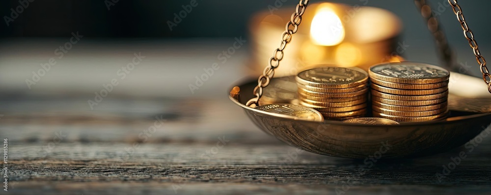 Poster currency value concept. a balance scale with stacks of coins representing wealth and financial decis
