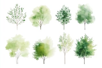Set of stylized watercolor treetops isolated on white background. Ideal for landscape plan, architecture layout. Different tree shapes, sizes. Soft green hues. Suitable for eco-friendly design