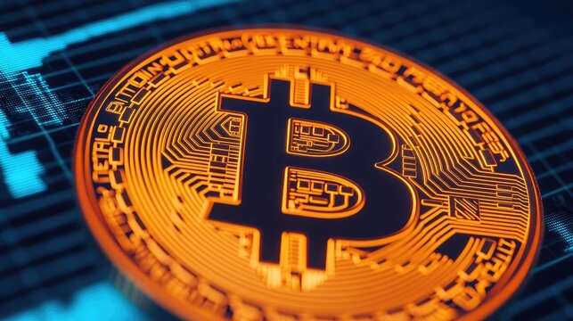 Currency value concept. Close-up of a bitcoin symbol illustrating cryptocurrency and digital finance trends.