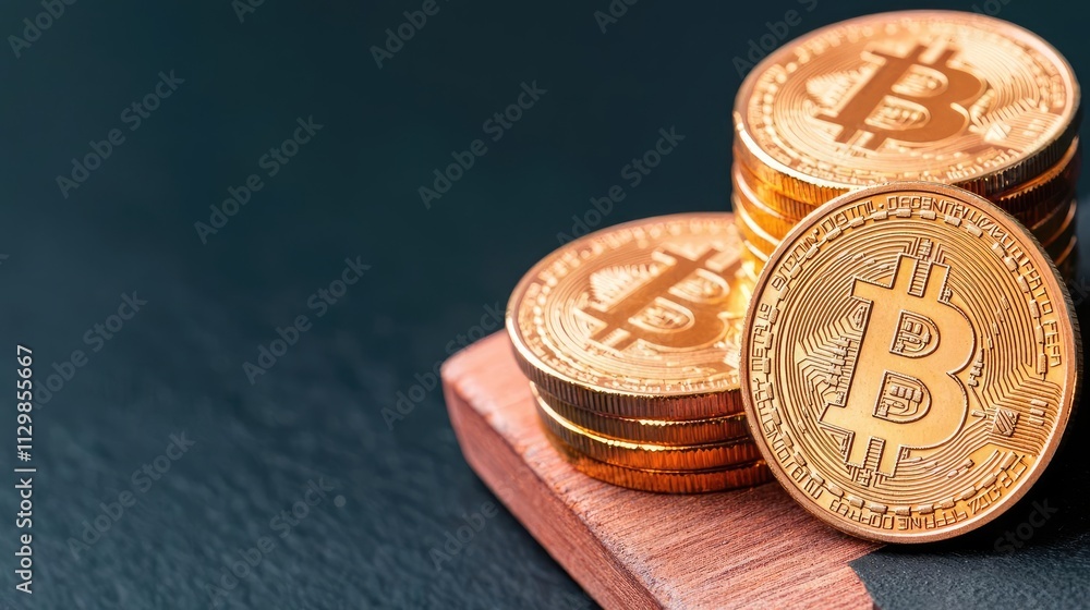 Poster currency value concept. a close-up of stacked bitcoin coins on a wooden surface with a dark backgrou