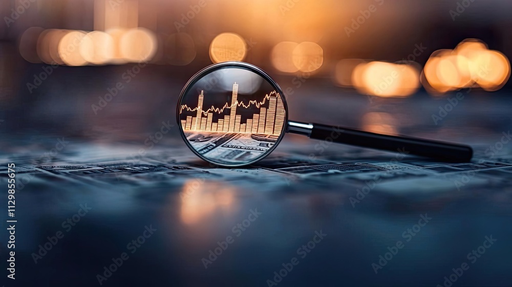 Poster currency value concept. a magnifying glass focusing on financial data and stock graphs for analysis.