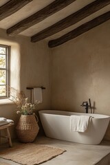 Rustic Bathroom Featuring Freestanding Tub and Wooden Beams