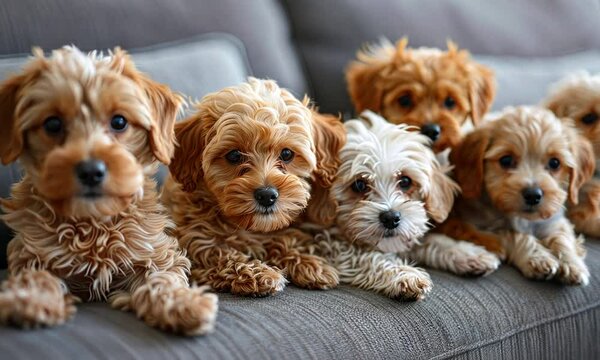 Adorable fluffy puppies cuddling on a couch.