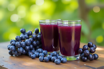 fresh grape juice in two glasses with ripe bunch of dark blue berries on wooden table outdoors