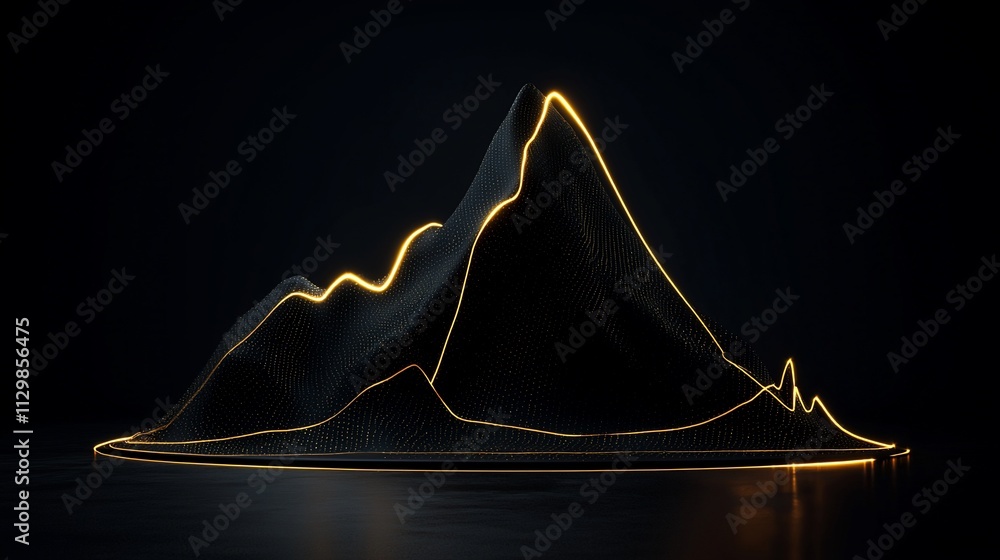 Poster glowing lines trace a dark mountain range reflecting on a dark surface.