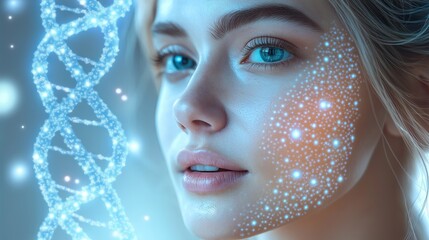 Beautiful lady model shows skin revitalization after polynucleotides treatment. Advanced beauty tech, genetic engineering enhance skin health. Modern woman in spa setting shows revitalized look.