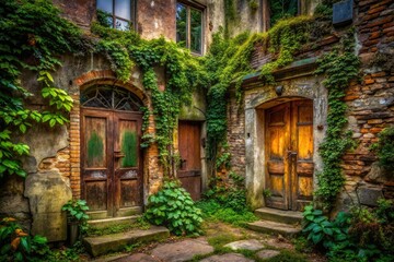 Fototapeta premium Time-worn walls whisper forgotten stories; crumbling doors guard ghostly interiors.