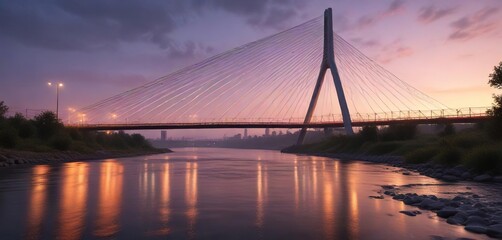 River flowing under cable stayed bridge at dawn, scenery, reflection, movement