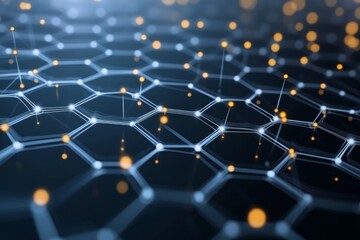 Obraz premium Abstract Representation of Digital Network with Hexagonal Patterns, Glowing Nodes and Lines Illustrating Connectivity and Technology in a Futuristic Environment