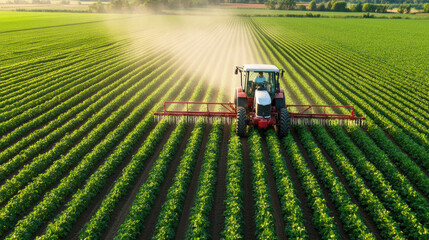 Aerial view of tractor working in green field with crops