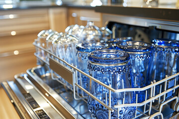 Spotlessly clean dishes organized in a modern dishwasher inside a stylish contemporary kitchen