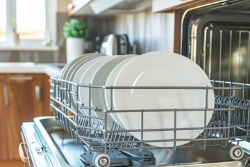Spotless white dishes perfectly arranged in a sleek modern kitchen dishwasher appliance
