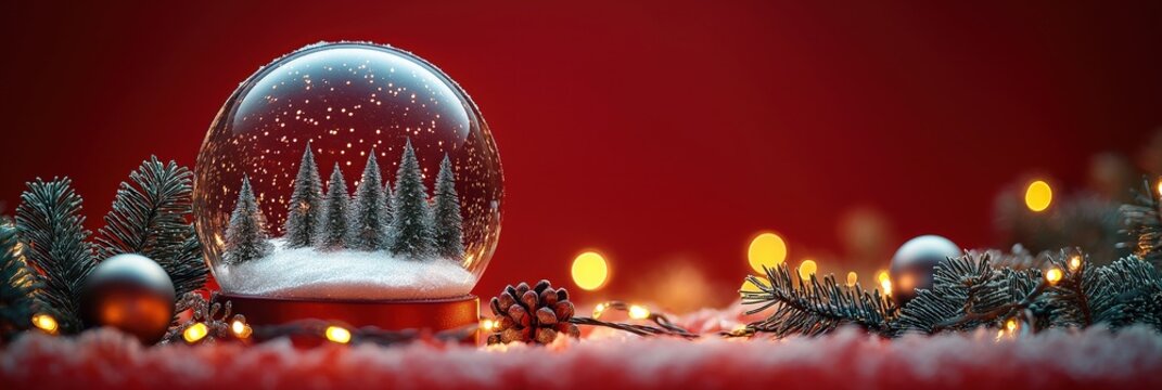 Christmas snow globe with fir trees, snowy landscape inside. Festive holiday decorations like pine branches, ornaments on red background. Warm Christmas lights create wintery, inviting atmosphere.