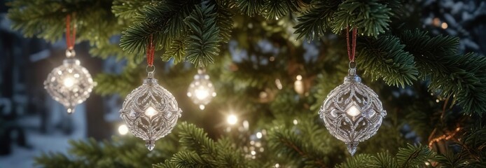 Shimmering crystal ornaments dangle from the branches of a majestic fir tree, Modern Christmas Decor, Festive Ambiance