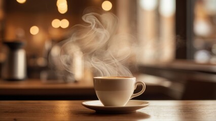 Fototapeta premium A warm and inviting coffee shop scene set against a large beige background, perfect for displaying a menu, featuring a steaming cup of coffee adorned with a delicate swirl of cream on top, placed on a