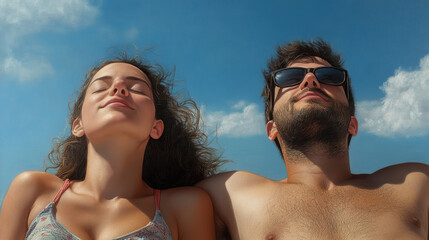 Fototapeta premium Couple enjoying sunny beach day, eyes closed, feeling blissful together