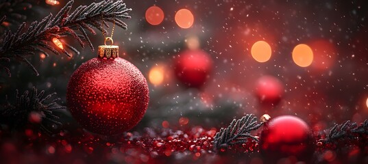 Christmas Tree In Red Shiny Glittering Background - Baubles Hanging On Fir With Abstract Lights,
