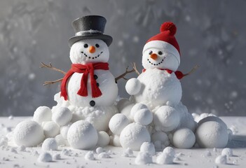 Fototapeta premium Snowman made from snowballs stacked on top of each other, winter wonderland, snowball