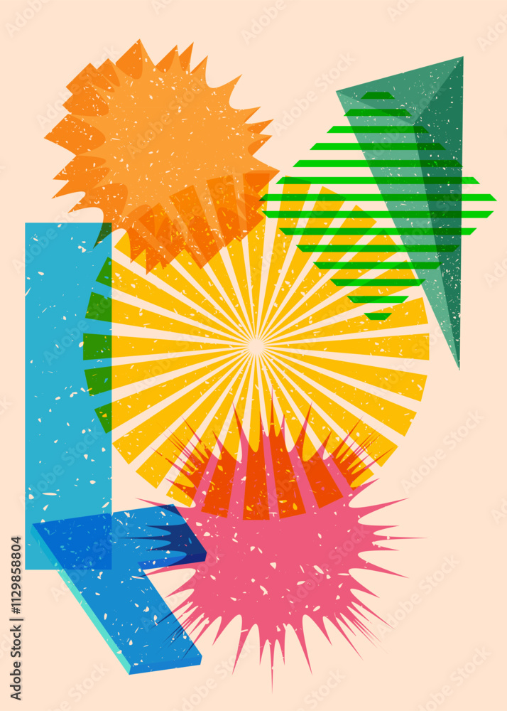 Poster colorful geometric shapes. object in trendy riso graph design. geometry elements abstract risograph 