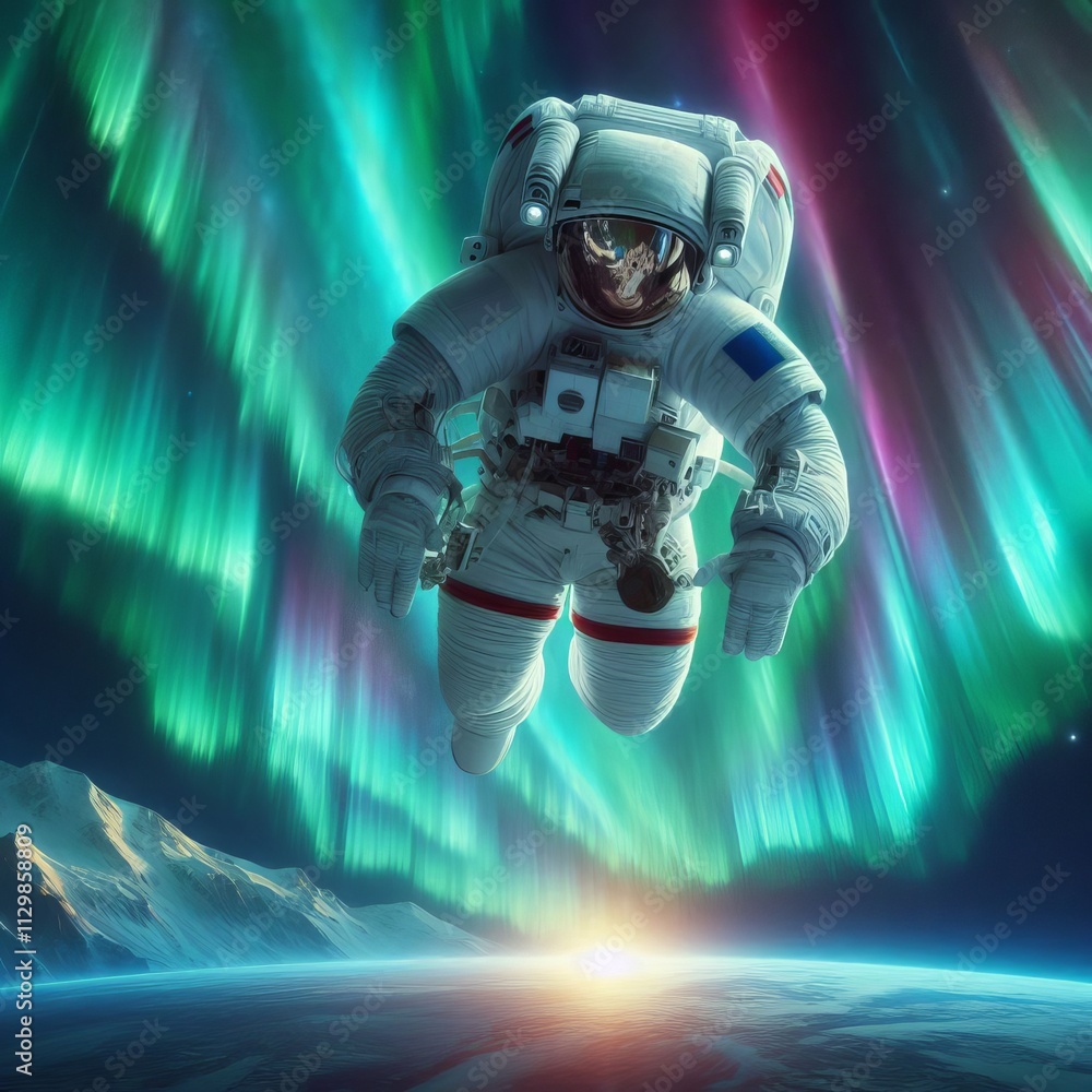 Poster an astronaut in a spacesuit floats in space with a stunning view of earth's horizon below and vibran