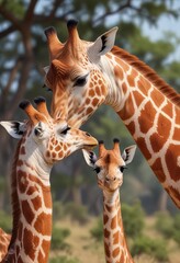 Obraz premium Soft muzzle contact between a mother giraffe and her young one, calm relationship, relaxed intimacy, calf closeness