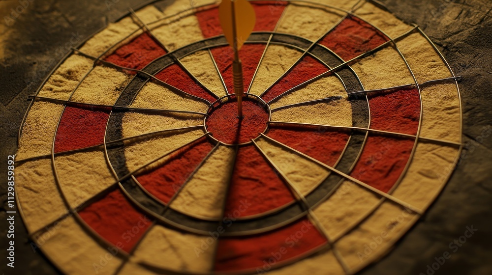 Poster a dart perfectly hitting the bullseye of a dartboard with red and yellow segments. this close-up sho