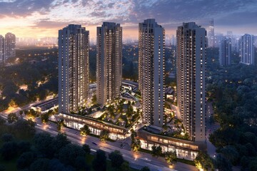 Obraz premium A sleek mixed-use development, modern minimalist design with a combination of residential towers, open retail spaces, and green rooftop gardens, clean geometric architecture, wide pedestrian pathways 