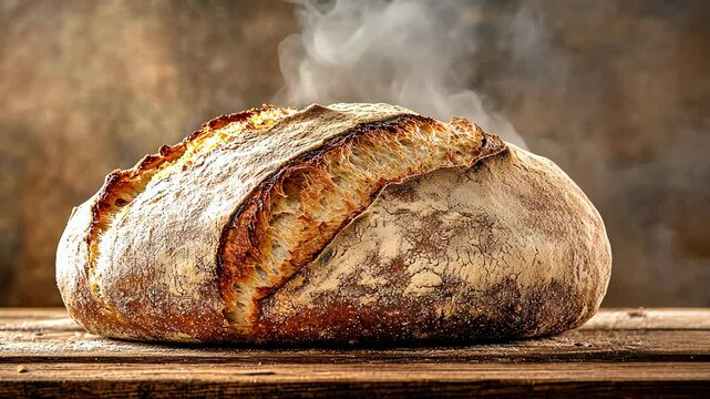 Freshly baked artisan bread on wooden table, steaming crust. Rustic food photography concept