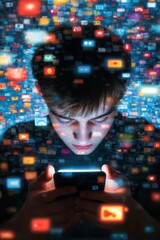 Person staring at his phone, brain rot concept, scrolling, digital fatigue, social network