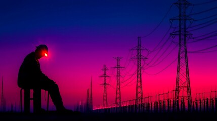 Silhouette of lone worker resting at power station during sunset.