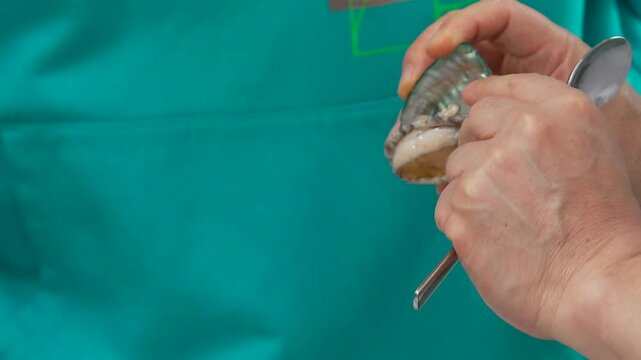 손으로 전복의 껍질을 까 손질하는 모습