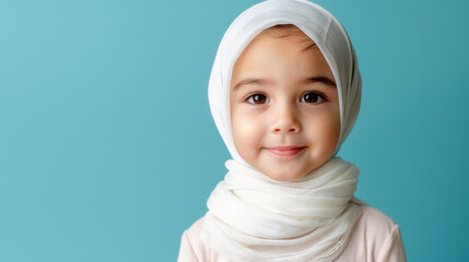 Charming portrait of joyful arabic child in traditional attire with room for text beside him