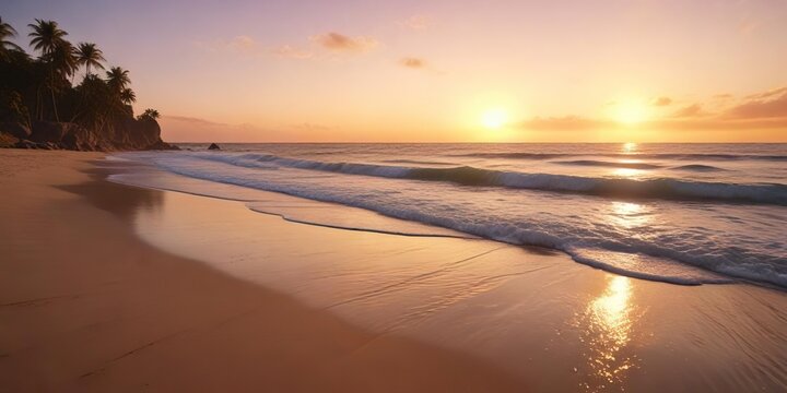 The beach at sunset with a warm orange glow and waves gently lapping against the shore on Pampatar Beach, sunset, warm light, horizontal