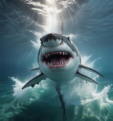 The massive body of a Great White Shark breaks through the water's surface, shark attack, powerful swimmer, sea