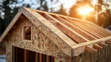 new wooden house frame, bathed in sunlight, symbolizing construction, hope, growth, and the beginning of a new chapter in life and development