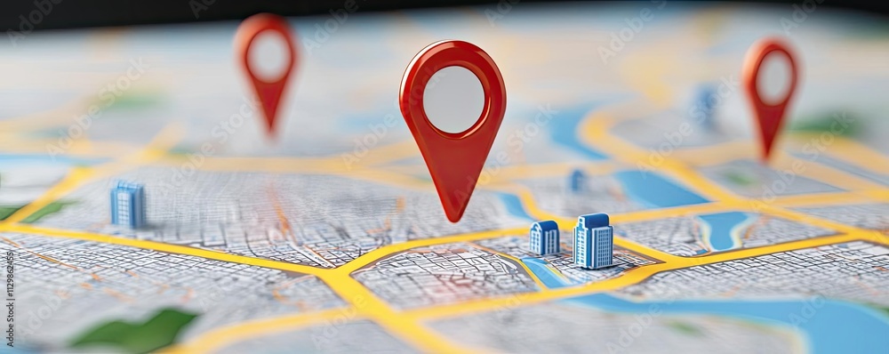 Poster map atlas concept. illustration of map with location pins depicting navigation and location tracking